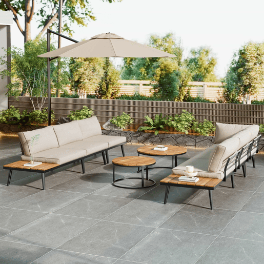 Conjunto de cadeirões de jardim para 5-6 pessoas - 6 peças, sofá, cadeirões e mesas, estrutura em ferro galvanizado - Bege