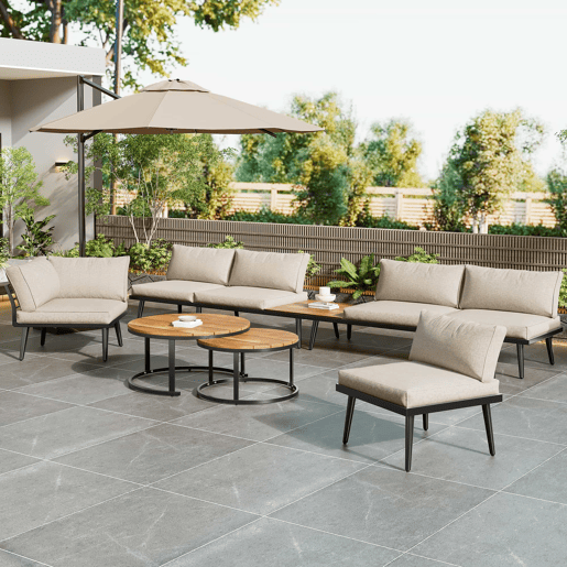 Conjunto de cadeirões de jardim para 5-6 pessoas - 6 peças, sofá, cadeirões e mesas, estrutura em ferro galvanizado - Bege