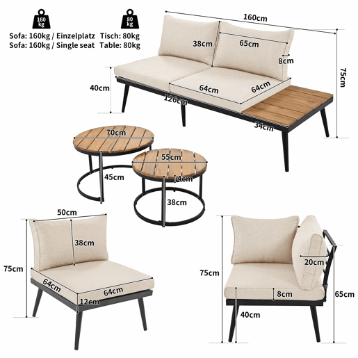 Conjunto de cadeirões de jardim para 5-6 pessoas - 6 peças, sofá, cadeirões e mesas, estrutura em ferro galvanizado - Bege