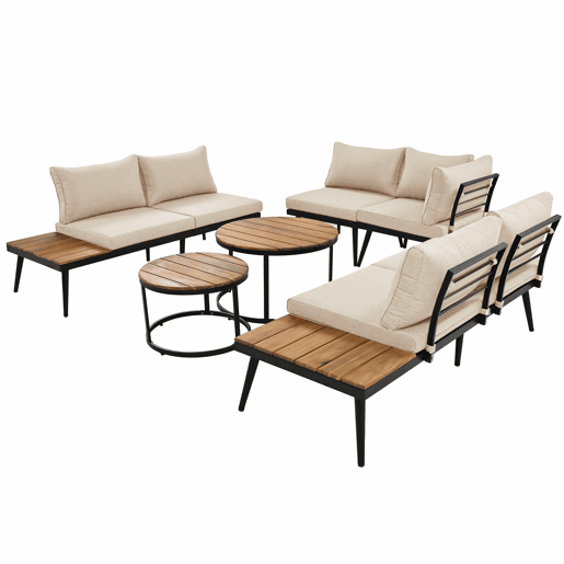 Conjunto de cadeirões de jardim para 5-6 pessoas - 6 peças, sofá, cadeirões e mesas, estrutura em ferro galvanizado - Bege