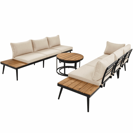 Conjunto de cadeirões de jardim para 5-6 pessoas - 6 peças, sofá, cadeirões e mesas, estrutura em ferro galvanizado - Bege