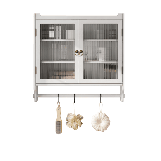 Armário de parede com porta de vidro 60 cm - Porta dupla, 3 prateleiras, toalheiro - Branco lavado