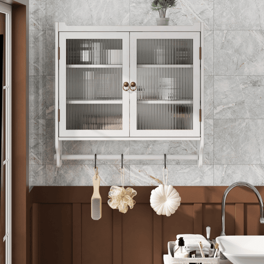 Armário de parede com porta de vidro 60 cm - Porta dupla, 3 prateleiras, toalheiro - Branco lavado