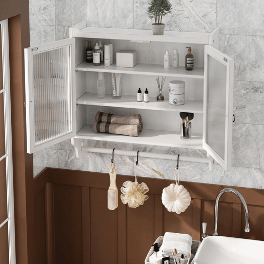 Armário de parede com porta de vidro 60 cm - Porta dupla, 3 prateleiras, toalheiro - Branco lavado