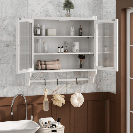 Armário de parede com porta de vidro 60 cm - Porta dupla, 3 prateleiras, toalheiro - Branco lavado