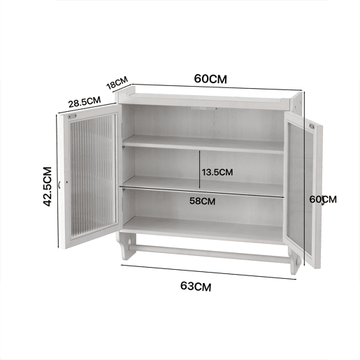 Armário de parede com porta de vidro 60 cm - Porta dupla, 3 prateleiras, toalheiro - Branco lavado