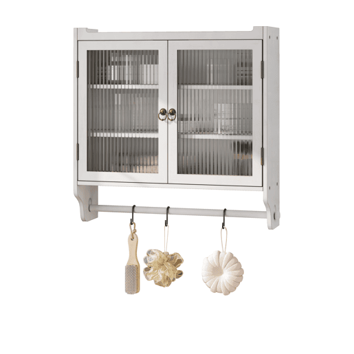 Armário de parede com porta de vidro 60 cm - Porta dupla, 3 prateleiras, toalheiro - Branco lavado