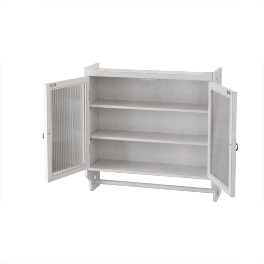 Armário de parede com porta de vidro 60 cm - Porta dupla, 3 prateleiras, toalheiro - Branco lavado