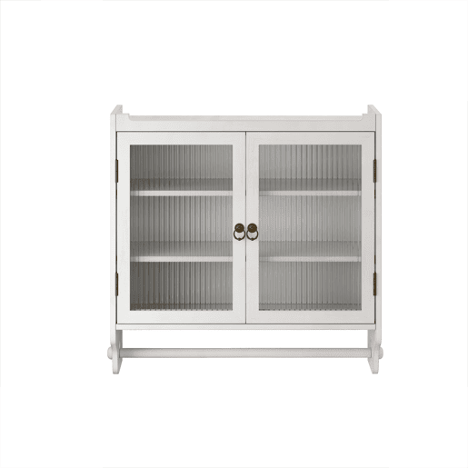 Armário de parede com porta de vidro 60 cm - Porta dupla, 3 prateleiras, toalheiro - Branco lavado