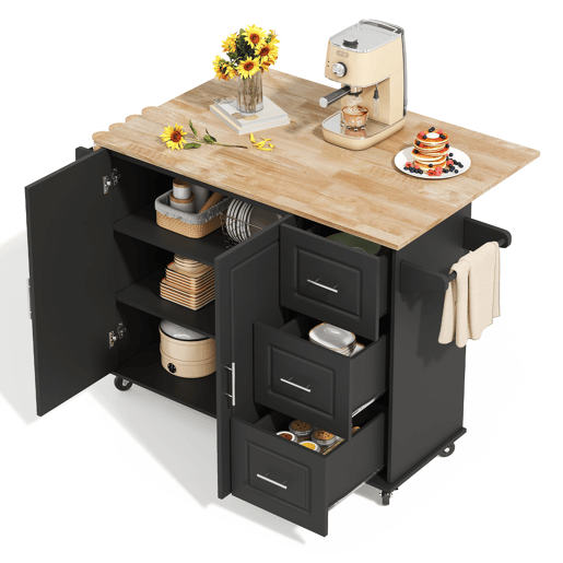 Mesa de cozinha 137x43x92 cm - dobrável, com gavetas e toalheiro - preta