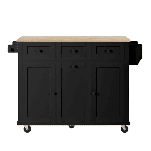 Ilha de cozinha móvel 131 cm - extensível com rodas, gavetas e caixote do lixo - preto