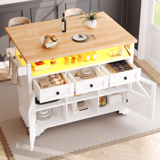 Carrinho de cozinha multifuncional 120x60x90cm - LED, mesa dobrável, 3 gavetas, 2 portas - Branco