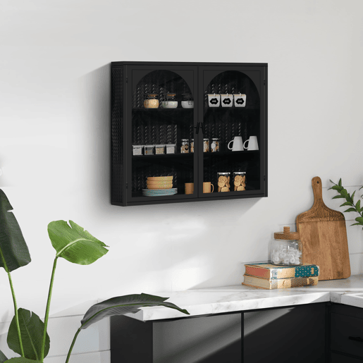 Armário de parede 70 cm - Portas de vidro, 2 portas, 3 níveis, design em tecido - Preto