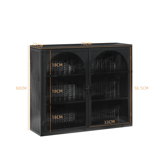 Armário de parede 70 cm - Portas de vidro, 2 portas, 3 níveis, design em tecido - Preto
