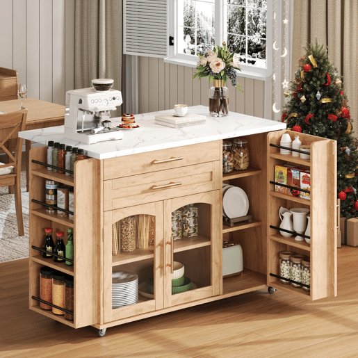 Ilha de cozinha com rodas 120x4570x90 cm - dobrável, com arrumação - natural