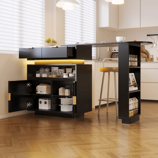 Mesa de bar extensível 115-183 x 40 x 99 cm - ilha de cozinha, arrumação, LED, rotação de 360°, barra móvel - Preto