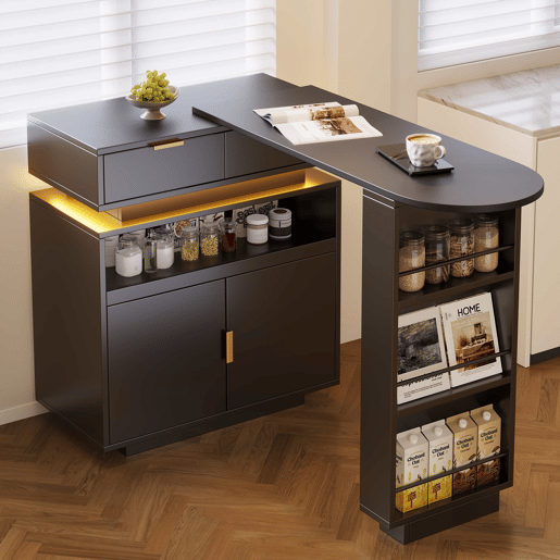 Mesa de bar extensível 115-183 x 40 x 99 cm - ilha de cozinha, arrumação, LED, rotação de 360°, barra móvel - Preto