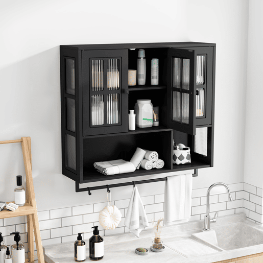 Armário de casa de banho 88 cm - 3 portas, arrumação aberta e oculta, porta de vidro, barra para toalhas - Preto