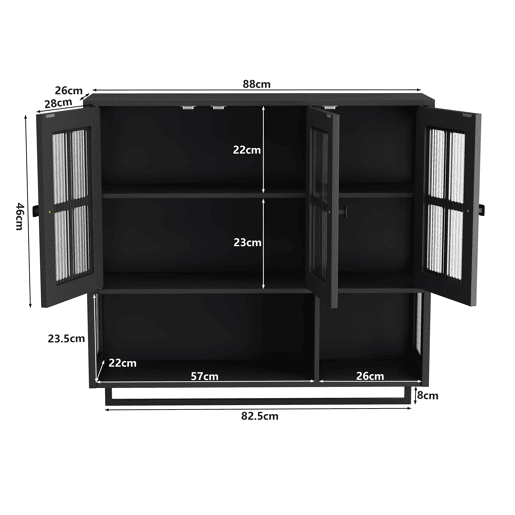 Armário de casa de banho 88 cm - 3 portas, arrumação aberta e oculta, porta de vidro, barra para toalhas - Preto