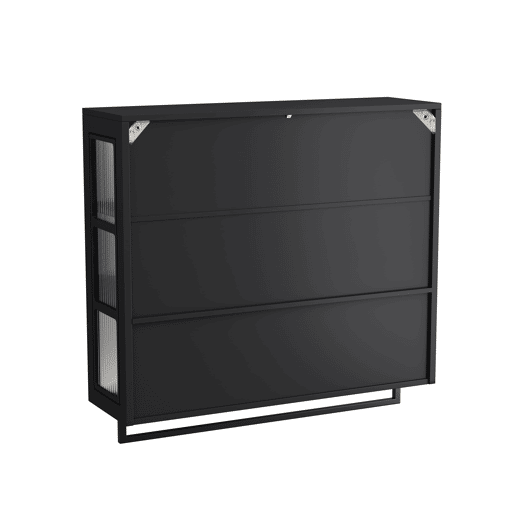 Armário de casa de banho 88 cm - 3 portas, arrumação aberta e oculta, porta de vidro, barra para toalhas - Preto