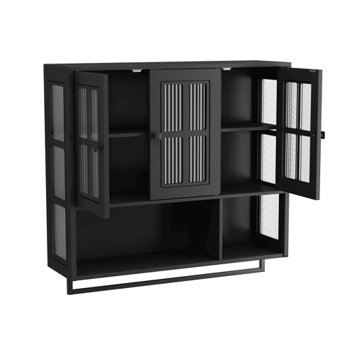 Armário de casa de banho 88 cm - 3 portas, arrumação aberta e oculta, porta de vidro, barra para toalhas - Preto