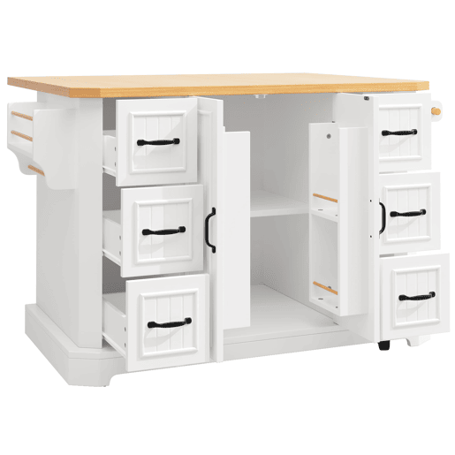 Ilha de cozinha móvel 120x45x91 cm - 2 portas, 6 gavetas, rodas - Branco