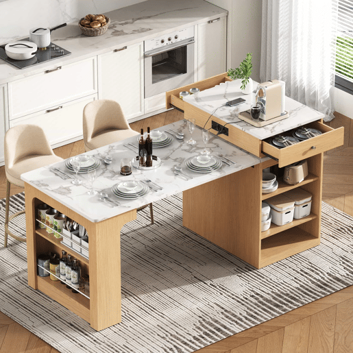 Ilha de cozinha com rodas - mesa extensível com tampo removível, barra com tomadas, multifuncional como ilha, aparador ou balcão para cozinha e sala de jantar - Natural