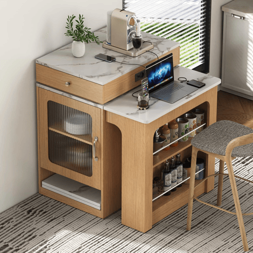 Ilha de cozinha com rodas - mesa extensível com tampo removível, barra com tomadas, multifuncional como ilha, aparador ou balcão para cozinha e sala de jantar - Natural