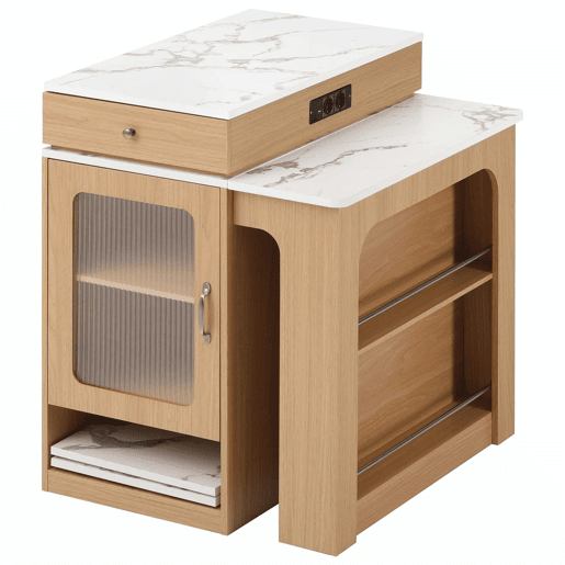 Ilha de cozinha com rodas - mesa extensível com tampo removível, barra com tomadas, multifuncional como ilha, aparador ou balcão para cozinha e sala de jantar - Natural