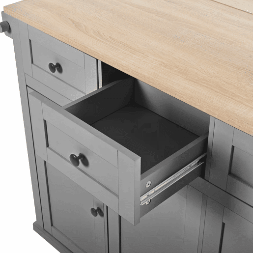 Ilha de cozinha 131x40 cm - com rodas, área de jantar extensível, gavetas e caixote do lixo - Preto