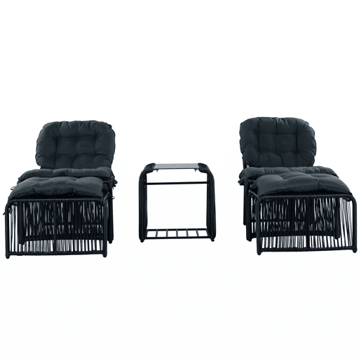 Conjunto de móveis de jardim de 5 peças - estrutura de ferro e rattan PE, com mesa, 2 cadeiras, 2 bancos, almofadas e tampo de vidro, resistente às intempéries - Preto e Cinza