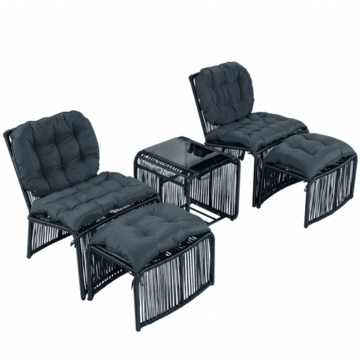 Conjunto de móveis de jardim de 5 peças - estrutura de ferro e rattan PE, com mesa, 2 cadeiras, 2 bancos, almofadas e tampo de vidro, resistente às intempéries - Preto e Cinza