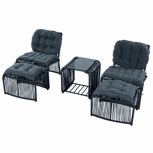 Conjunto de móveis de jardim de 5 peças - estrutura de ferro e rattan PE, com mesa, 2 cadeiras, 2 bancos, almofadas e tampo de vidro, resistente às intempéries - Preto e Cinza