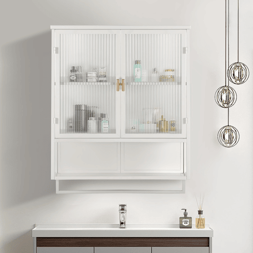 Armário de parede 60 cm - Portas de vidro, armazenamento duplo e prateleira aberta - Branco