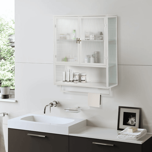Armário de parede 60 cm - Portas de vidro, armazenamento duplo e prateleira aberta - Branco