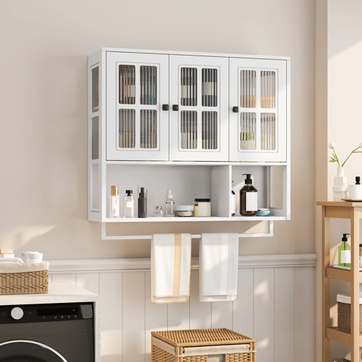Armário de parede para casa de banho - 3 portas com arrumação aberta e fechada, porta de vidro e barra para toalhas - Branco
