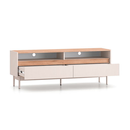 Suporte para televisor com 2 gavetas 154 cm Connie Cashmere e madeira Suporte para televisor com 2 gavetas 154 cm Connie Cashmere e madeira