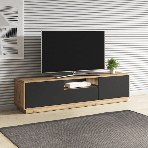 Raven Preto e Madeira Suporte para TV com 2 portas e 1 gaveta 180 cm