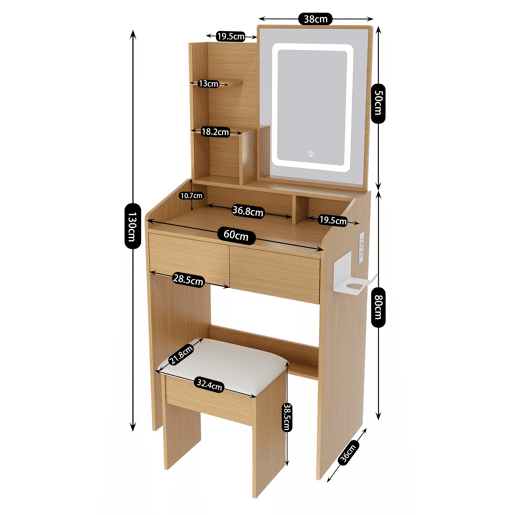 Penteadeira com espelho LED + banco 60x130x36 cm - com tomada, suporte para secador e assento almofadado - Madeira natural