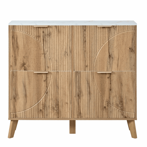 Armário com portas de batente - grande capacidade, 4 portas, bancada com efeito de mármore, painéis 3D, pés em madeira maciça - Natural