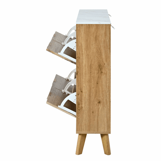 Armário com portas de batente - grande capacidade, 4 portas, bancada com efeito de mármore, painéis 3D, pés em madeira maciça - Natural