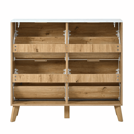 Armário com portas de batente - grande capacidade, 4 portas, bancada com efeito de mármore, painéis 3D, pés em madeira maciça - Natural