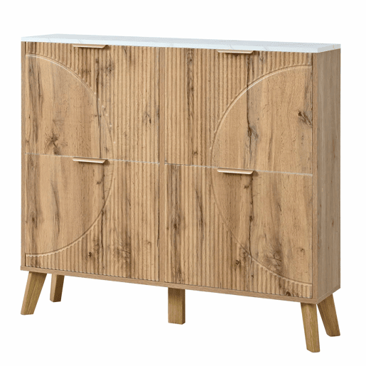 Armário com portas de batente - grande capacidade, 4 portas, bancada com efeito de mármore, painéis 3D, pés em madeira maciça - Natural