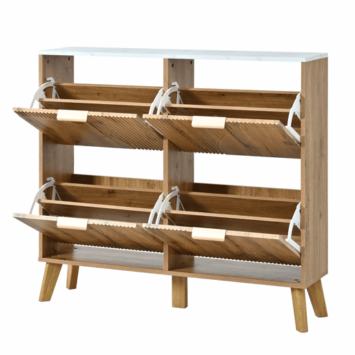 Armário com portas de batente - grande capacidade, 4 portas, bancada com efeito de mármore, painéis 3D, pés em madeira maciça - Natural