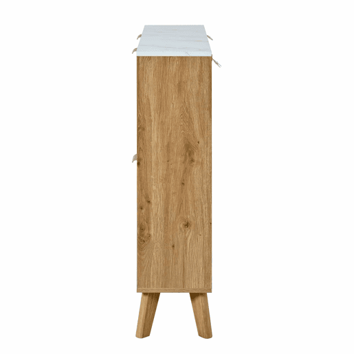 Armário com portas de batente - grande capacidade, 4 portas, bancada com efeito de mármore, painéis 3D, pés em madeira maciça - Natural