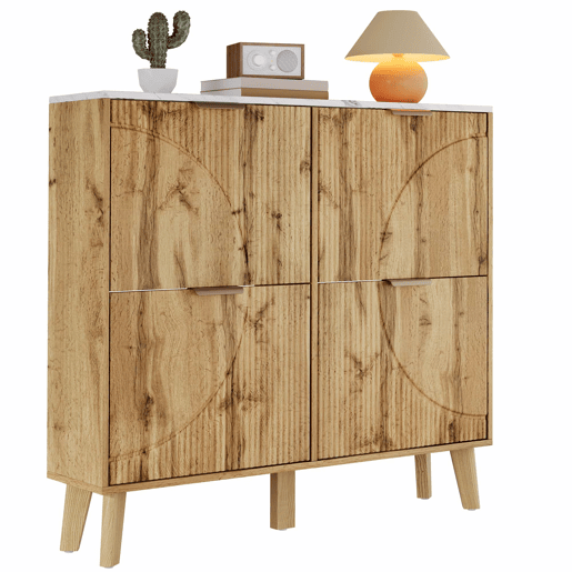 Armário com portas de batente - grande capacidade, 4 portas, bancada com efeito de mármore, painéis 3D, pés em madeira maciça - Natural
