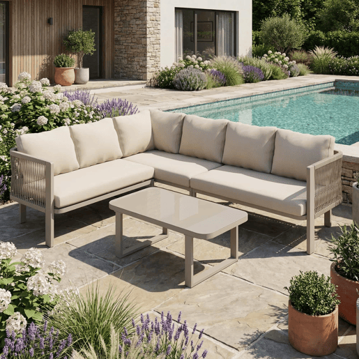 Conjunto de mobiliário de jardim para 6 pessoas - Conjunto de canto, estrutura em aço galvanizado, mesa em vidro, trançado em corda Teslin, inclui mesa, banco, cadeiras e sofá - Cor cáqui
