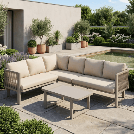 Conjunto de mobiliário de jardim para 6 pessoas - Conjunto de canto, estrutura em aço galvanizado, mesa em vidro, trançado em corda Teslin, inclui mesa, banco, cadeiras e sofá - Cor cáqui