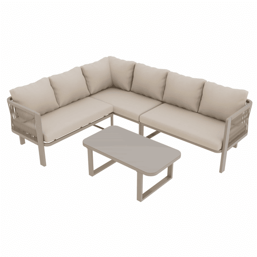 Conjunto de mobiliário de jardim para 6 pessoas - Conjunto de canto, estrutura em aço galvanizado, mesa em vidro, trançado em corda Teslin, inclui mesa, banco, cadeiras e sofá - Cor cáqui