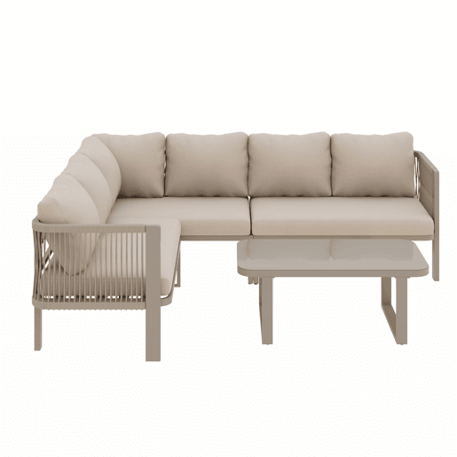Conjunto de mobiliário de jardim para 6 pessoas - Conjunto de canto, estrutura em aço galvanizado, mesa em vidro, trançado em corda Teslin, inclui mesa, banco, cadeiras e sofá - Cor cáqui